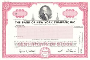 Bank of New York Co., Inc. - 1998 dated Specimen Stock Certificate - Alexander Hamilton Vignette