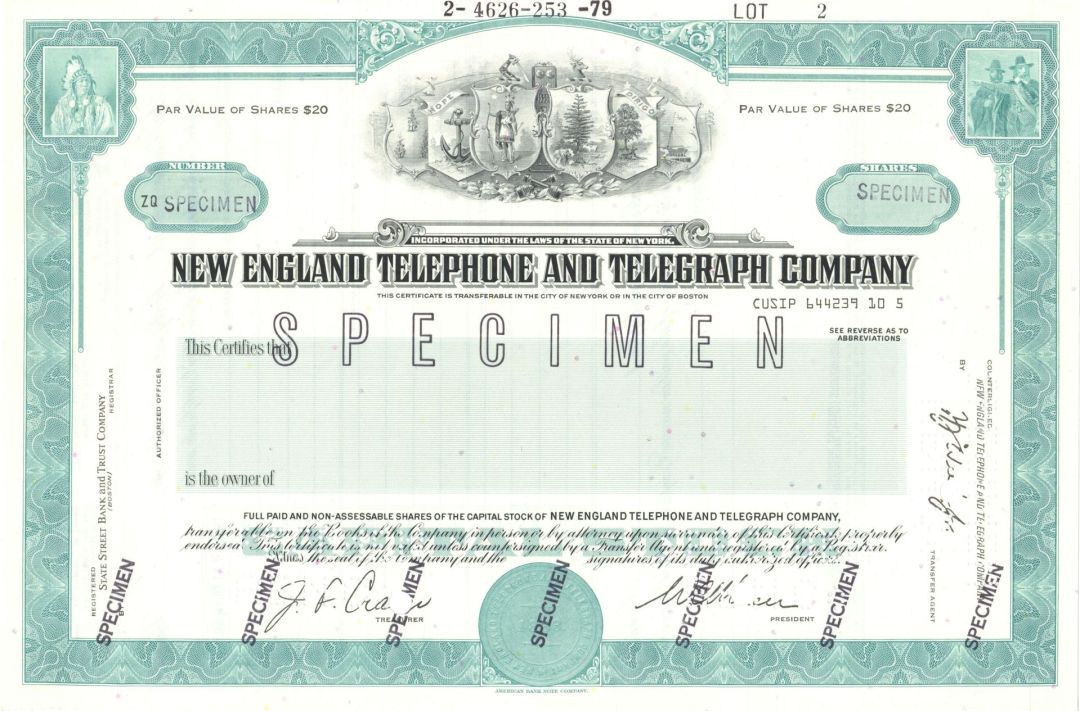 New England Telephone and Telegraph Co. - Specimen Stock Certificate