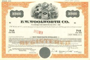 F.W. Woolworth Co. - Famous Department Store - Woolworth's - $10,000 Specimen Bond