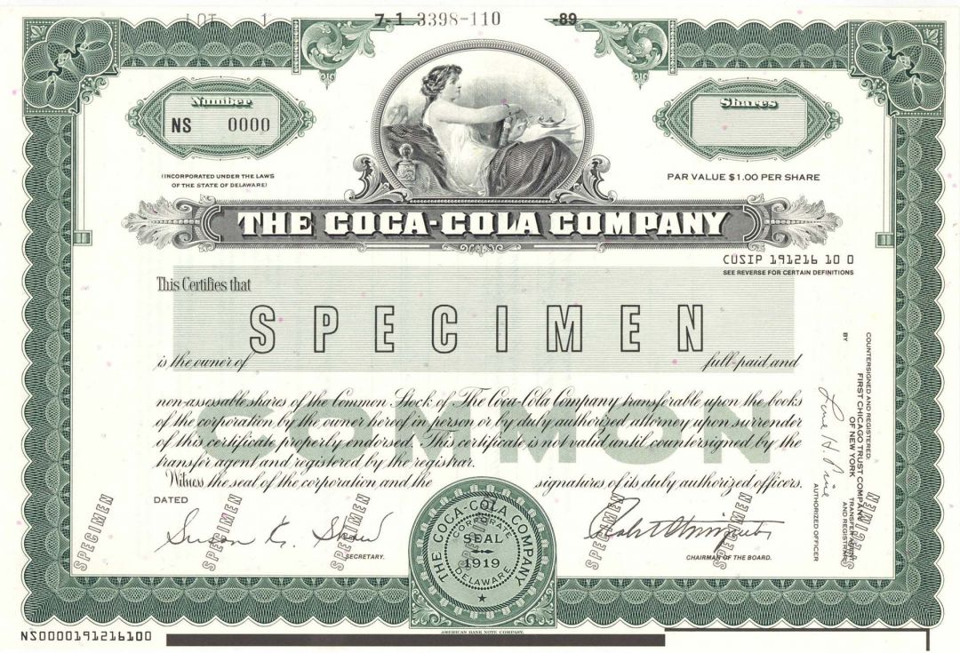 Coca-Cola Co. - Specimen Stock Certificate - Famous Soda Company