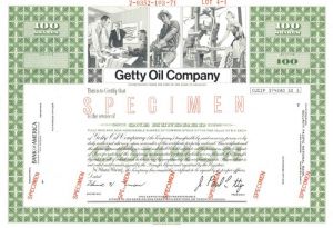 Getty Oil Co. - The Man behind the Movie "All the Money in the World" - Specimen Stock Certificate