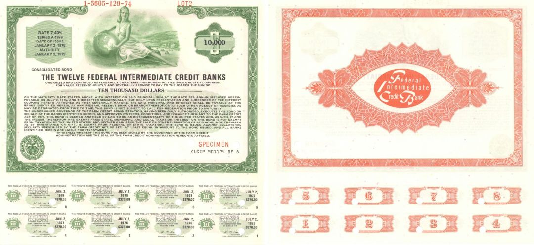 Twelve Federal Intermediate Credit Banks - 1974 dated $10,000 Specimen Bond - Green and Red