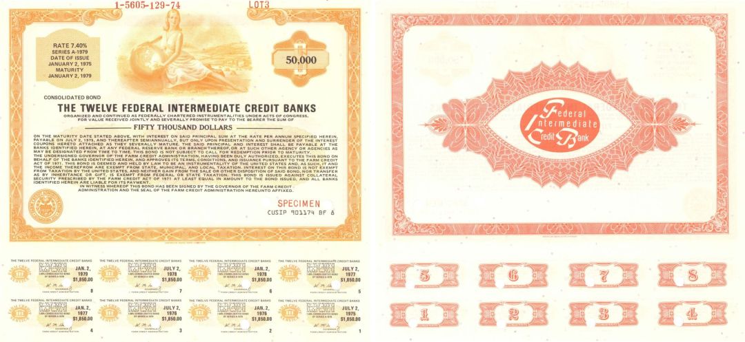 Twelve Federal Intermediate Credit Banks - 1974 dated $50,000 Specimen Bond - Orange and Red