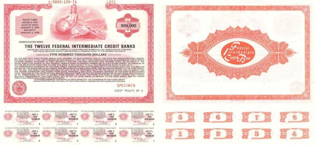 Twelve Federal Intermediate Credit Banks - 1974 dated $500,000 Specimen Bond - Red