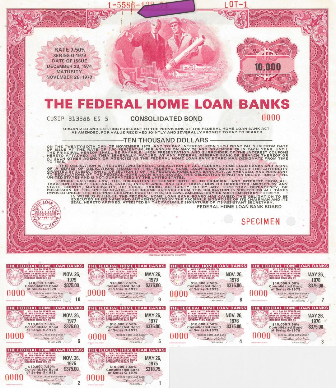 Federal Home Loan Banks - $10,000 Consolidated Specimen Bond - Made by the American Bank Note Company