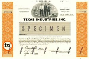 Texas Industries, Inc. - Specimen Stock Certificate