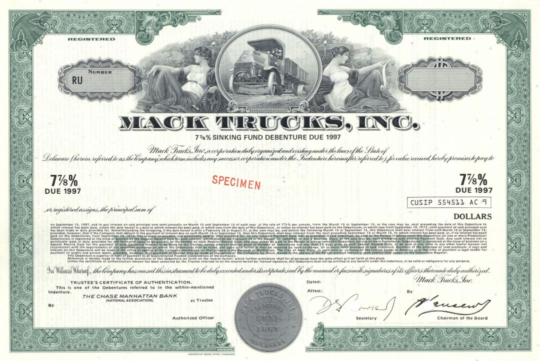 Mack Trucks Inc. - Specimen Bond - Green or Brown Available - Famous Truck Manufacturer