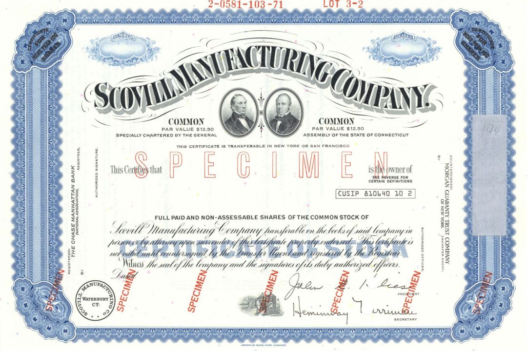 Scovill Manufacturing Co. - Specimen Stock Certificate - Waterbury, Connecticut - Available in Brown, Orange, Green, & Blue