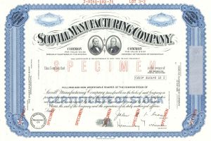 Scovill Manufacturing Co. - Specimen Stock Certificate - Waterbury, Connecticut - Available in Brown, Orange, Green, & Blue