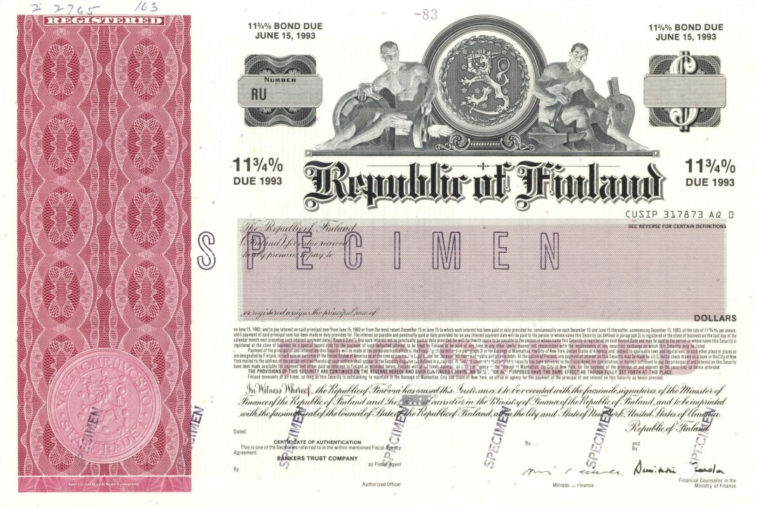 Republic of Finland - 1983 dated 11 3/4% Specimen Bond - Very Rare Country Specimen
