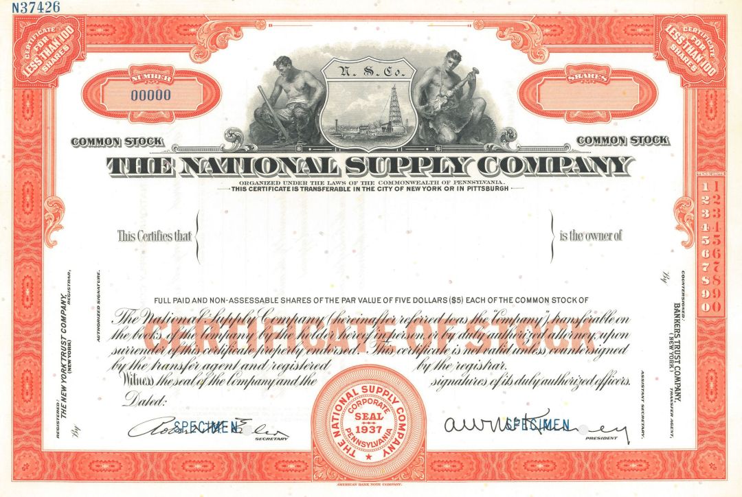 National Supply Co. - Specimen Stock Certificate