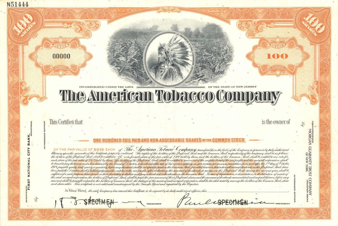 American Tobacco Co. - Specimen Stock Certificate - Available in Green or Orange - Please Specify Color