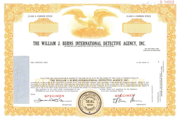William J. Burns International Detective Agency, Inc. - Specimen Stock Certificate