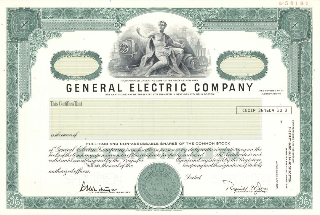 General Electric Co. - 1977 dated Specimen Stock Certificate - Very Rare Type Specimen