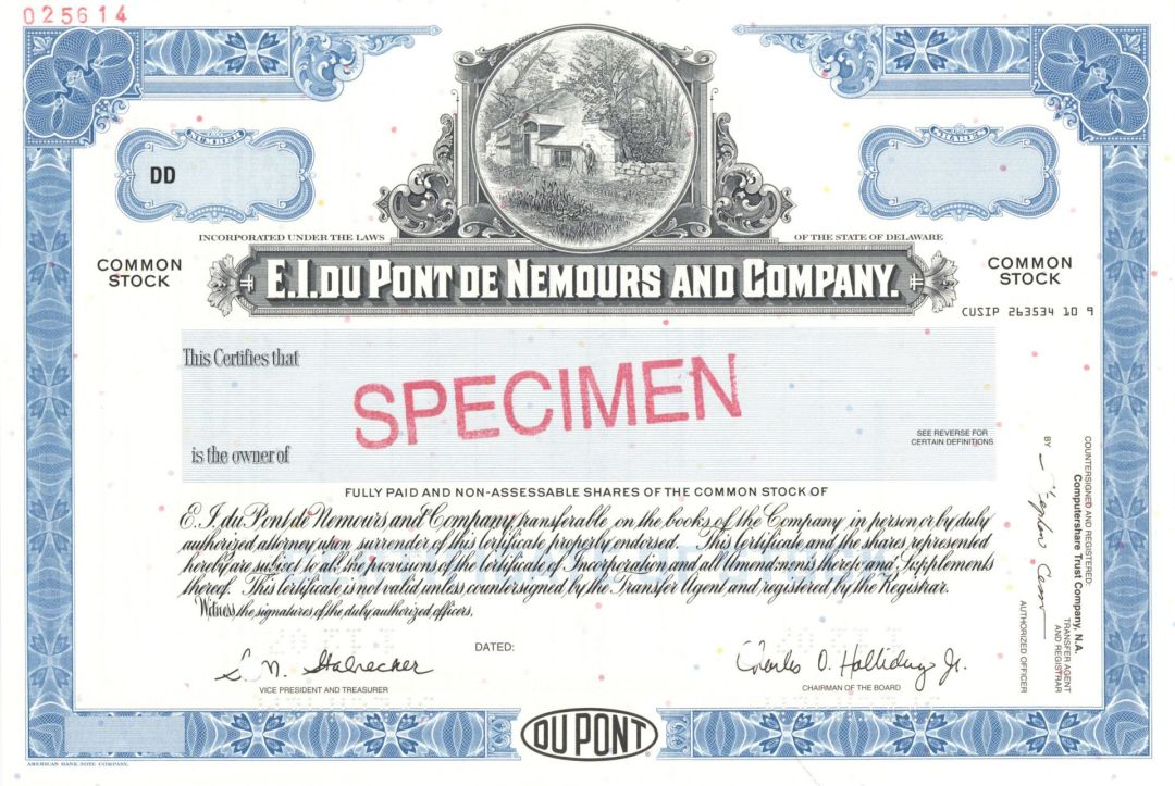 E.I. Du Pont De Nemours and Co. - Famous Chemical Company - 2007 dated Specimen Stock Certificate - Founded by Éleuthère Irénée du Pont