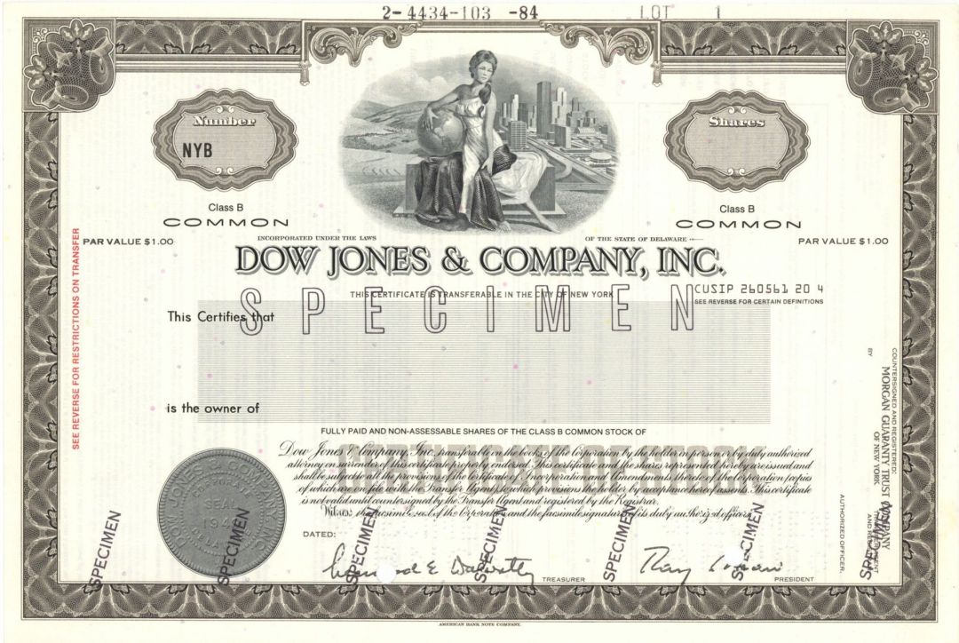 Dow Jones and Co., Inc. - Specimen Stock Certificate