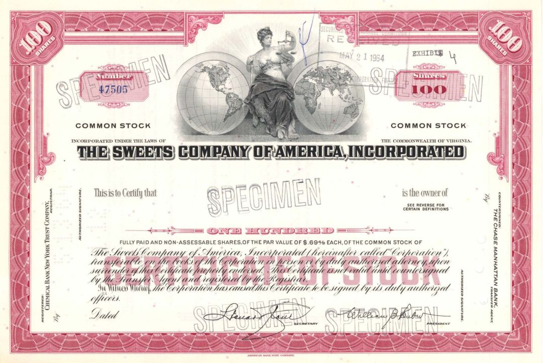 Sweets Company of America, Incorp. - Specimen Stock Certificate