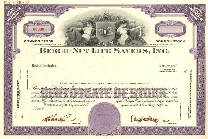 Beech-Nut Life Savers, Inc. - Stock Certificate