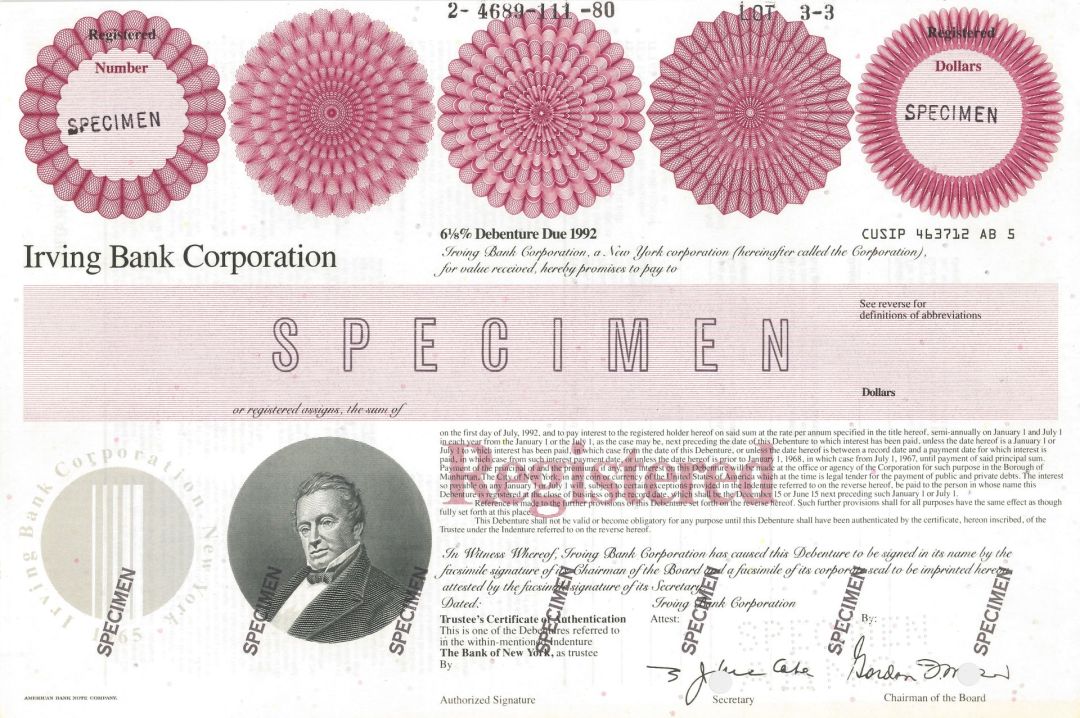 Irving Bank Corporation - Specimen Bond - Available in Red or Brown