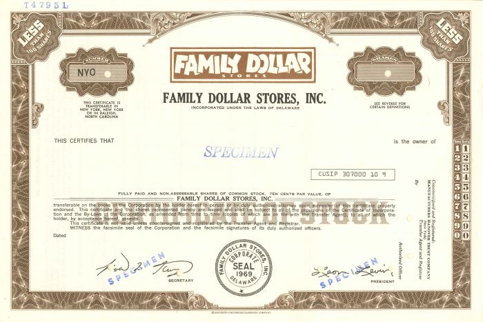 Family Dollar Stores, Inc. - Specimen Stock Certificate