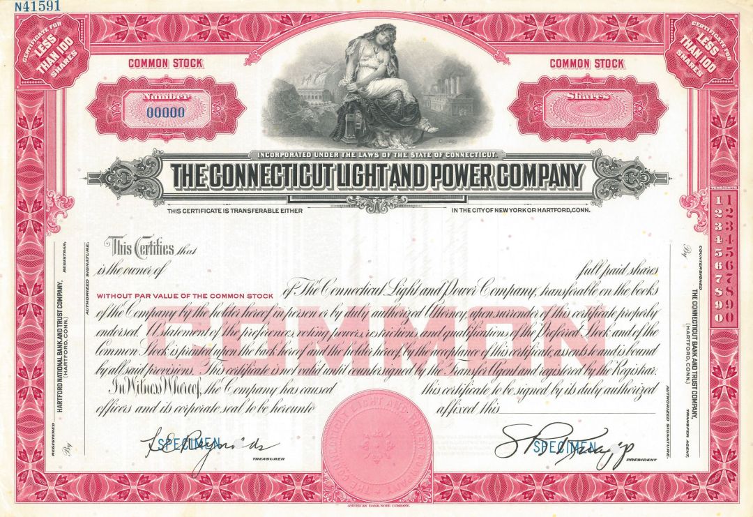 Connecticut Light and Power Co. - Eversource Energy - Specimen Stock Certificate