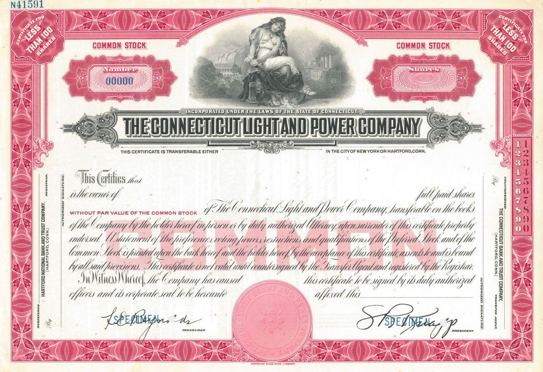 Connecticut Light and Power Co. -  Eversource Energy - Specimen Stock Certificate