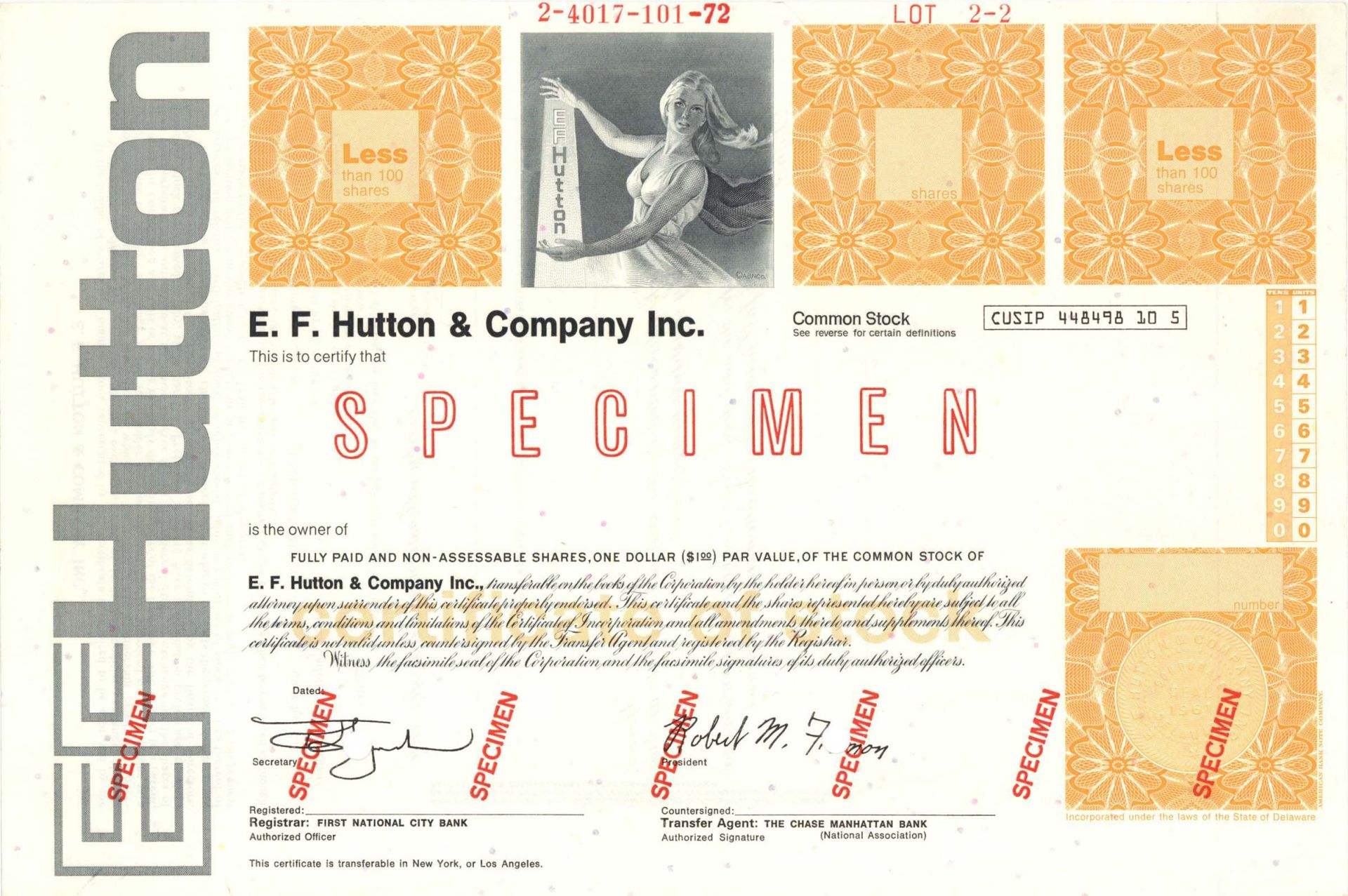 E.F. Hutton and Co. Inc. - Specimen Stock Certificate - Famous Brokerage Firm