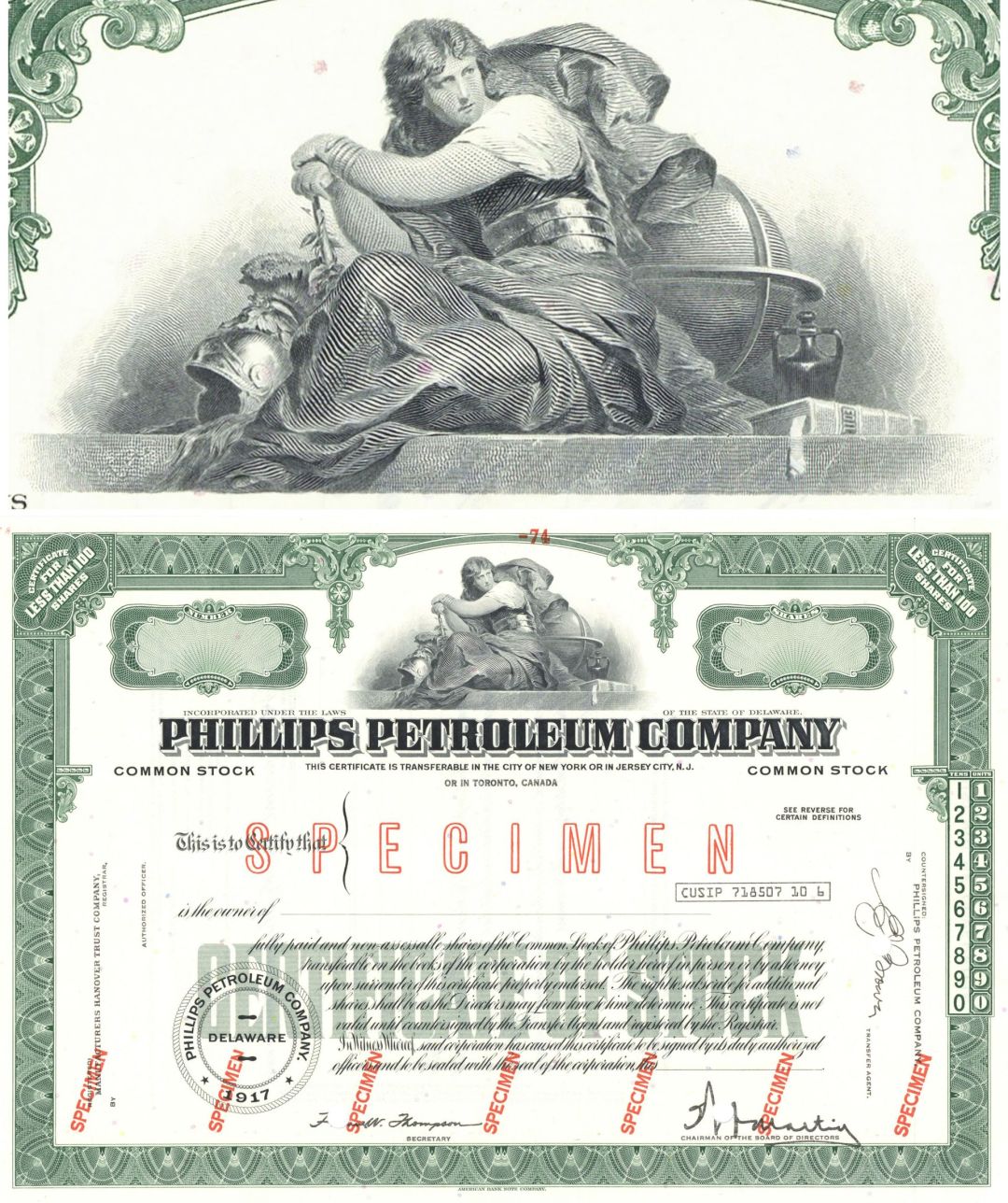 Phillips Petroleum Co. - Green Specimen Oil Stock Certificate - Merged with Conoco