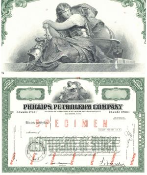 Phillips Petroleum Co. - Green Specimen Oil Stock Certificate - Merged with Conoco