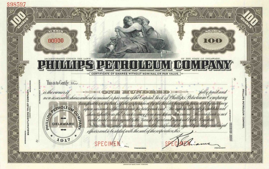 Phillips Petroleum Co. - Specimen Oil Stock Certificate - Merged with Conoco