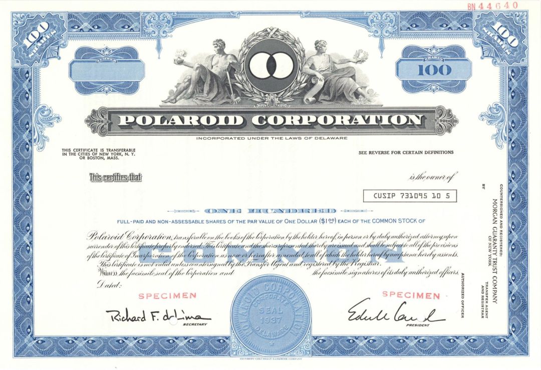 Polaroid Corporation - Specimen Stock Certificate - Famous Camera & Electronics Company