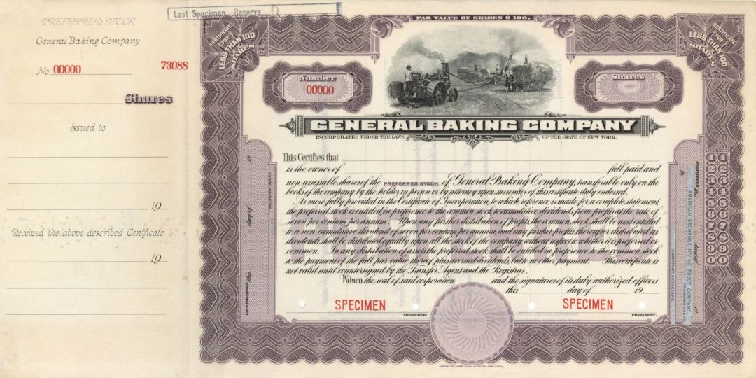 General Baking Co. - Specimen Stock Certificate