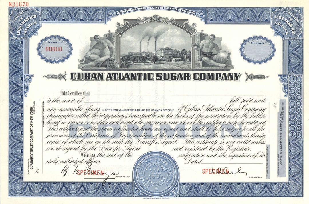 Cuban Atlantic Sugar Co. - Cuba Specimen Stock Certificate