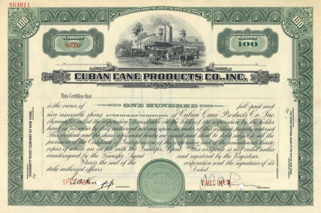 Cuban Cane Products Co. Inc - Cuba Specimen Stock Certificate