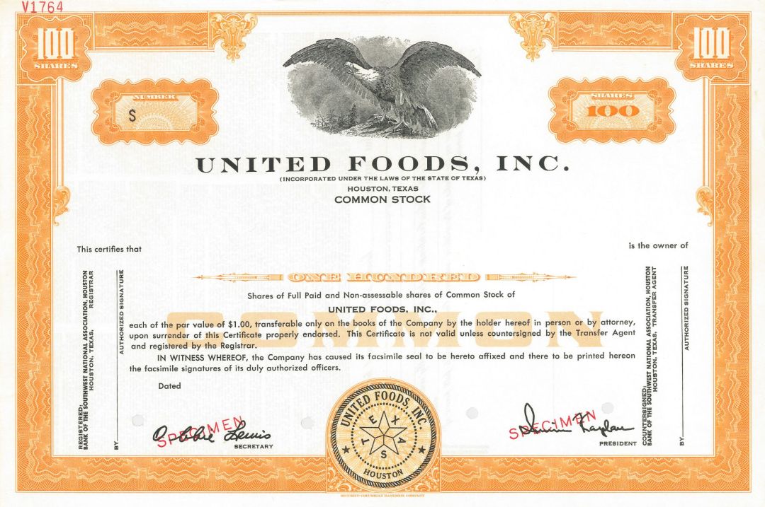United Foods, Inc - Houston, Texas - Specimen Stock Certificate