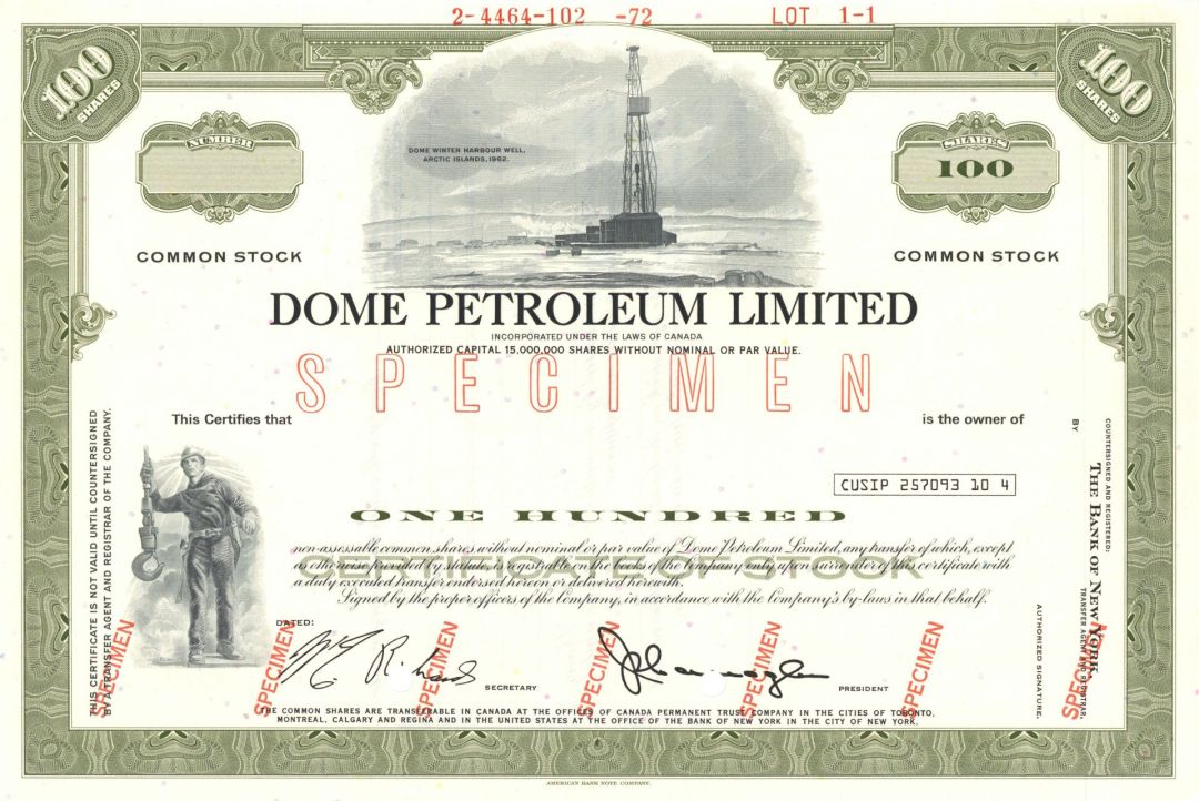 Dome Petroleum Limited - Canadian Specimen Stock Certificate - Vignette of Dome Winter Harbour Well, Artic Islands, 1962