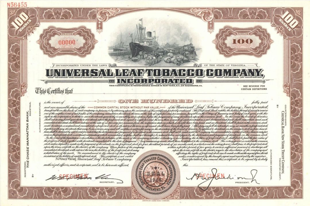 Universal Leaf Tobacco Co. Inc.  - Specimen Stock Certificate