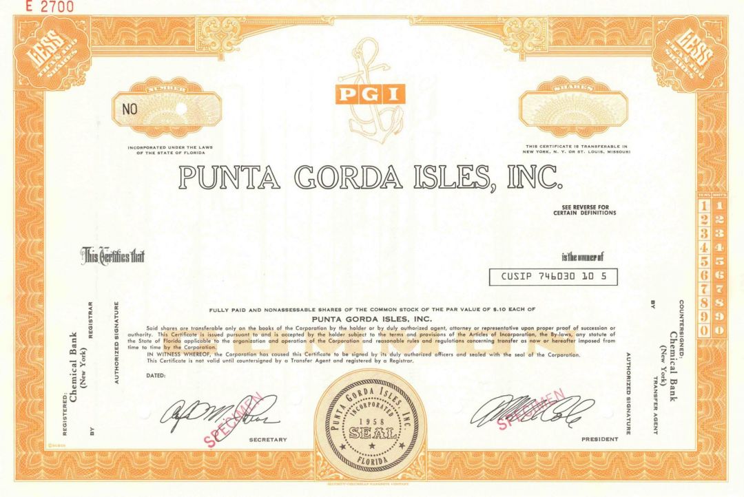 Punta Gorda Isles, Inc. - 1970's circa Specimen Stock Certificate - Neighborhood of Canal-Front Home Sites Business