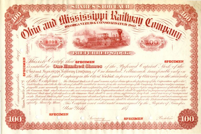 Ohio and Mississippi Railway Co. - Stock Certificate
