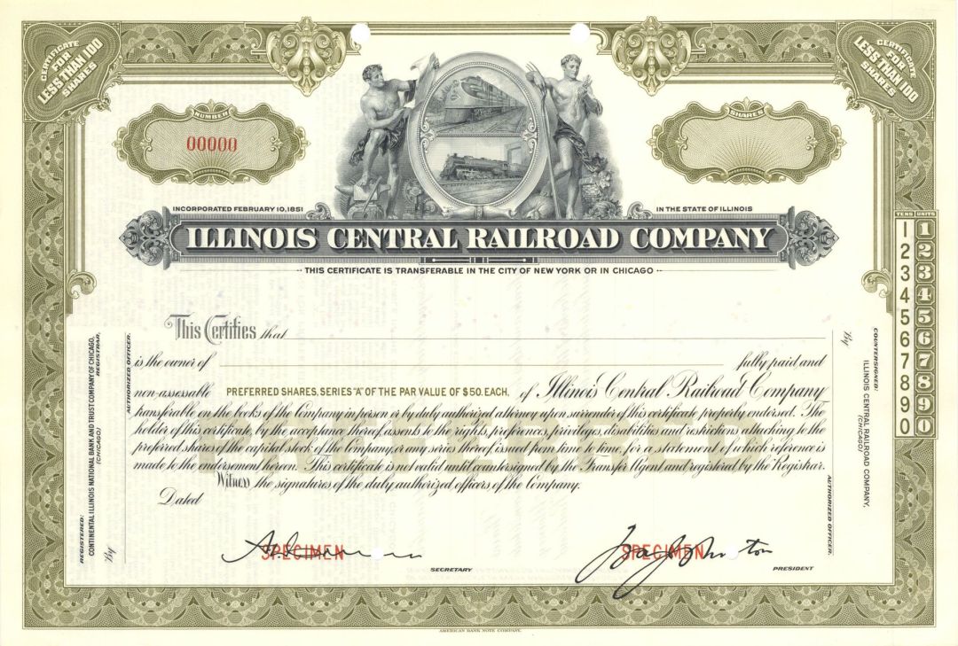 Illinois Central Railroad Co. - ABN Specimen Stock Certificate - Available in Olive, Blue, Orange or Brown
