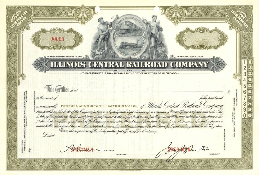 Illinois Central Railroad Co. - ABN Specimen Stock Certificate - Available in Olive, Blue, Orange or Brown