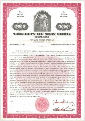 City of New York Serial - $5,000 Specimen Bond