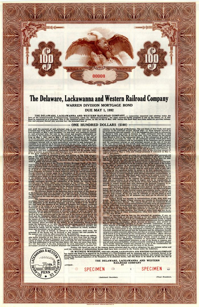 Delaware, Lackawanna and Western Railroad Co. Specimen Bond