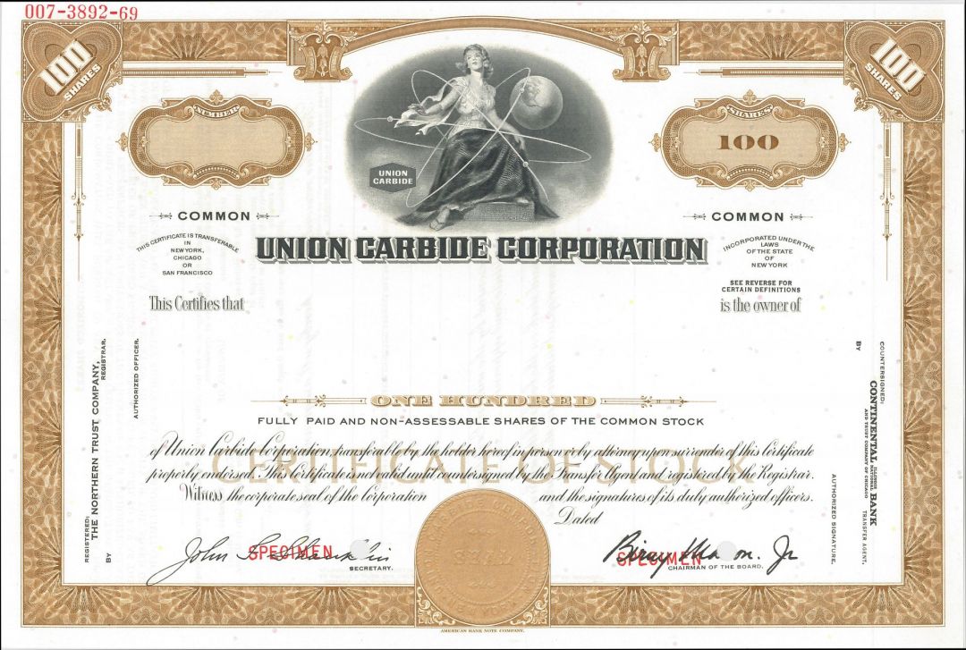 Only 1 Left - Union Carbide Corporation - Specimen Stock Certificate
