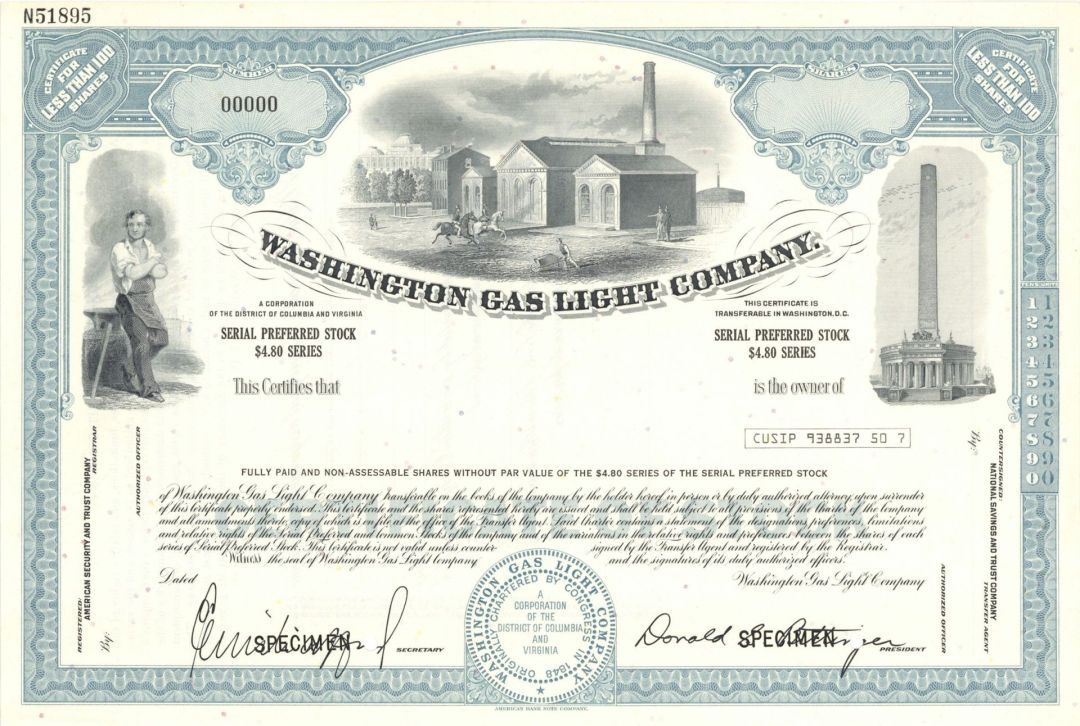 Washington Gas Light Co. - Specimen Stock Certificate - Very Rare as a Specimen