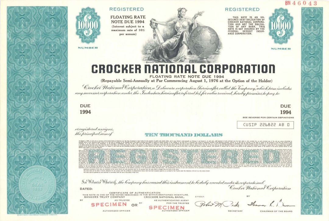 Crocker National Corp. - Various Denominations Specimen Bond
