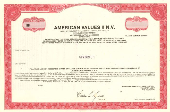 American Values II N.V. - Stock Certificate