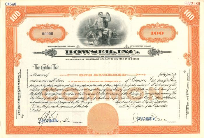 Bowser, Inc. - Stock Certificate