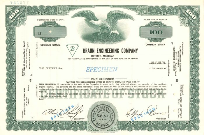 Braun Engineering Co. - Stock Certificate