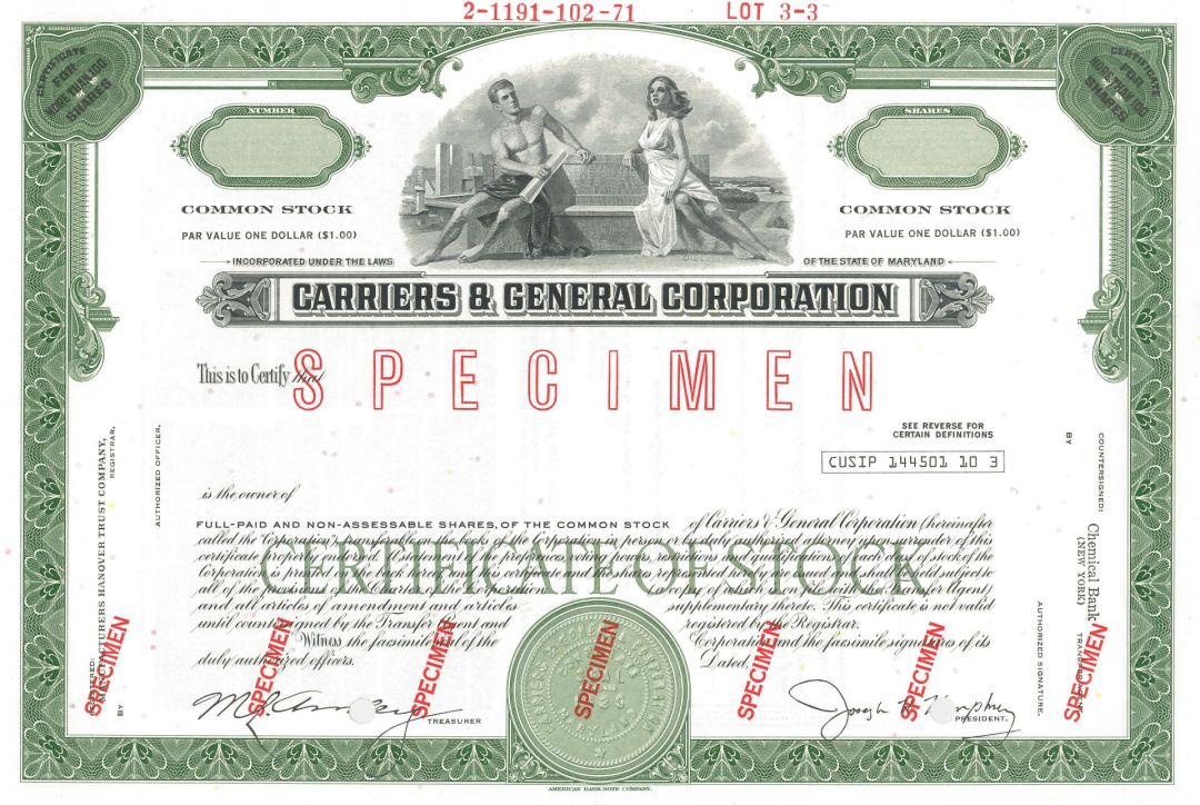 Carriers and General Corporation - Stock Certificate